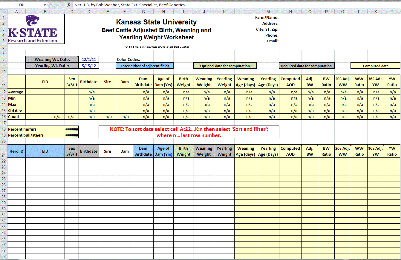 Calf Worksheet Calf Worksheet